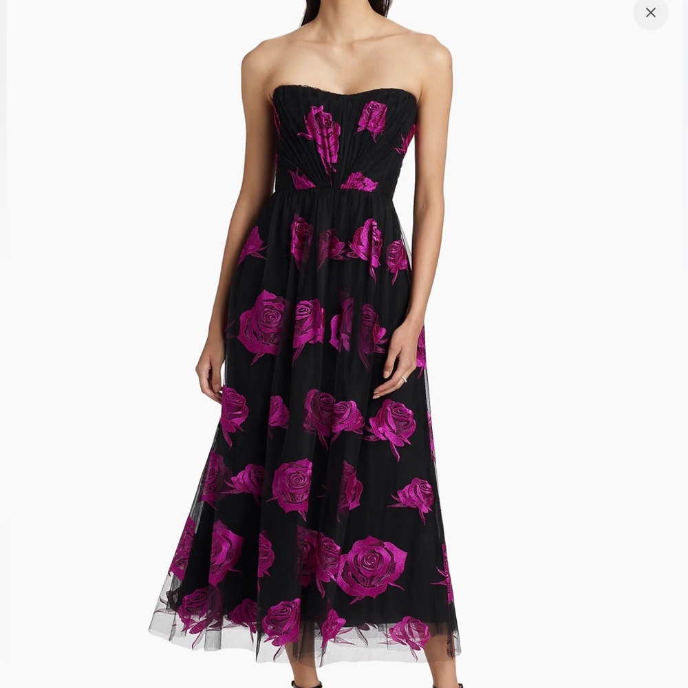 ML Monique Lhuillier Perle Floral Tulle Dress Size 12 Strapless Rose Embroidered